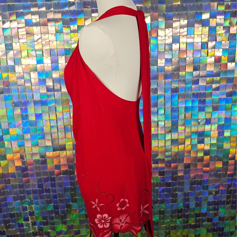 Halter Mini Dress Women Size M Red Excellent Floral Glitter Cowl Neck - Picture 7 of 10
